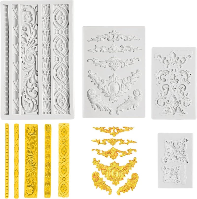Pofflujent 4 Pcs Baroque Style Silicone Molds Curlicues Scroll Lace Fondant Molds Relief Flower Mould Filigree Mold 3D Sculpted for Gummy Sugar, Cupcake Topper, Polymer Clay, Crafting Projects - Image 1
